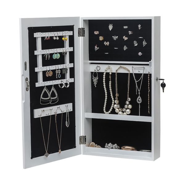 

new lockable jewelry mirror cabinet wall-mounted jewelry storage cabinet storage display box save space white us stock, Black;white