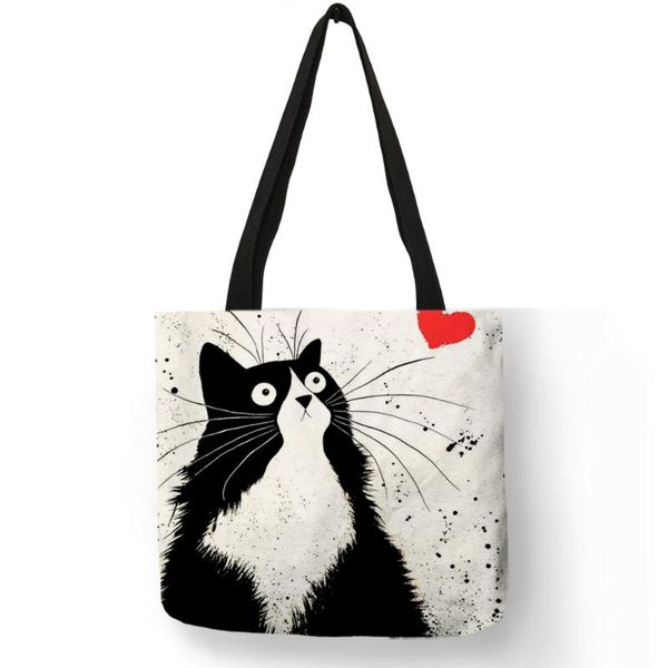 

customized cute cat printing women handbag linen tote bags with print casual traveling beach bags