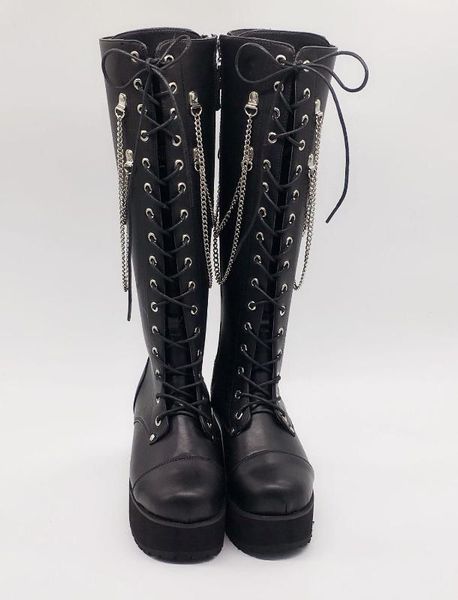 

women black 8cm knee-high platform chain punk boots japanese style lolita lace up princess uniform winter boots