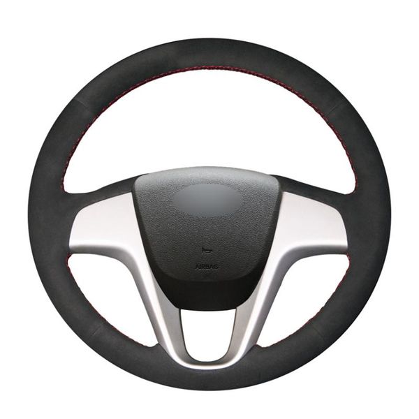 

hand-stitched black suede car steering wheel covers wrap for solaris (ru) 2010-2020 verna 2010-2020 i20 2009-2014 2020