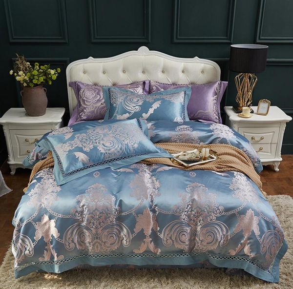 

luxury jacquard satin duvet cover sets king  size 4pcs blue embroidered bedding set silk cotton bed cover sheet linen pillowcases