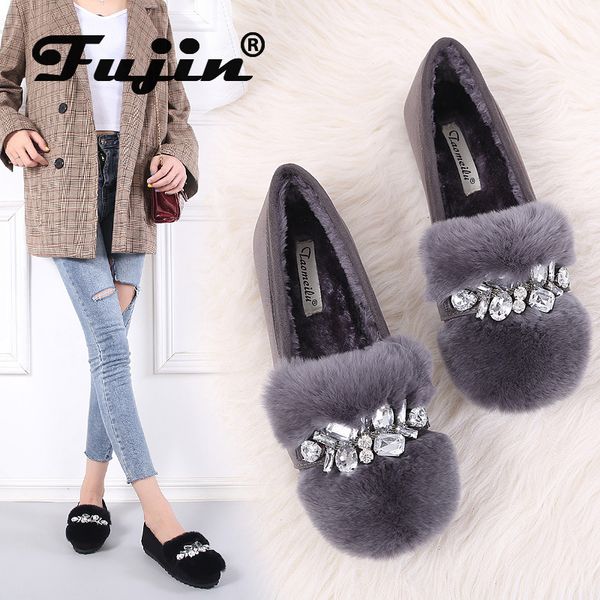 

fujin rhinestone women flats loafers autumn winter flock suede moccasins fur plush for autumn winter slippers shoes, Black