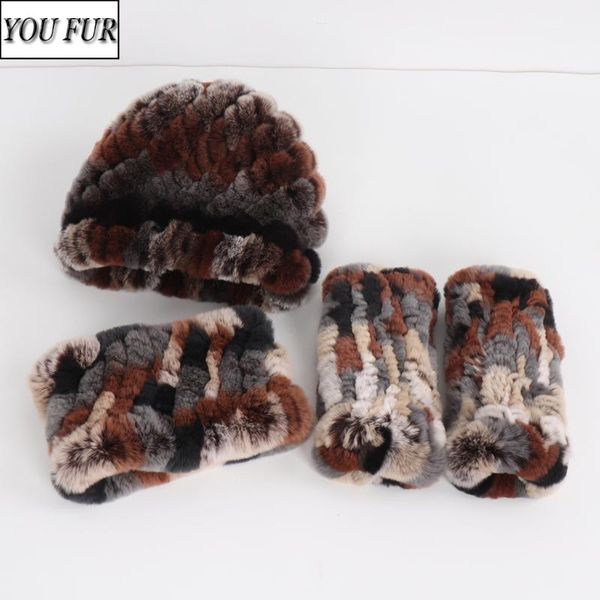 

women winter knitted elastic real rex fur hat scarf gloves sets natural warm rex fur cap scarves mittens 3 pieces, Blue;gray
