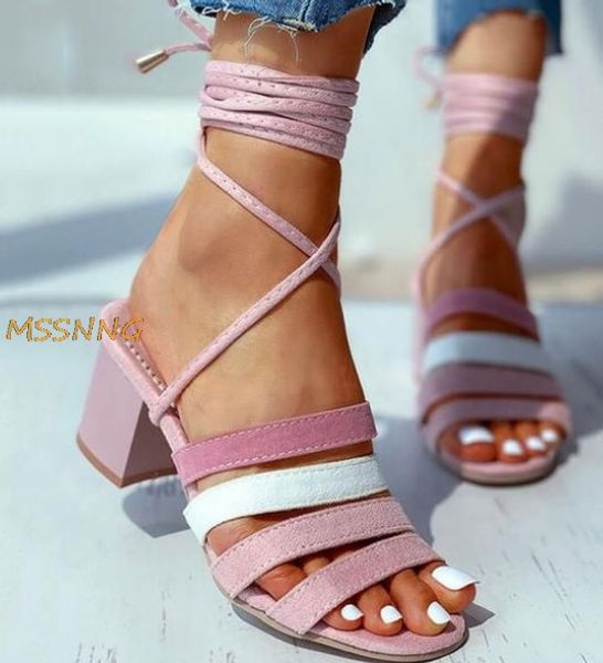 

2020 summer new women's sandals fashion ankle strap square heel ladies shoes mixed colors flock women's sandals big size, Black