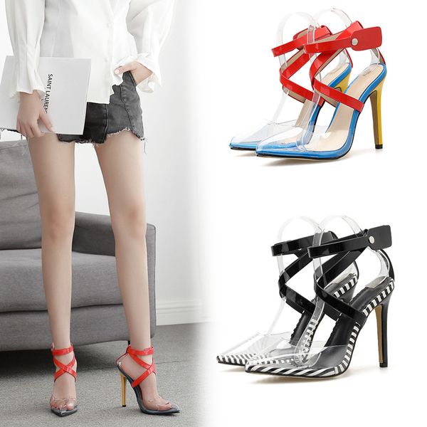 

2020 women's shoes new fashion matching color pointy cross strap stiletto stiletto sandals size 35-41, Black