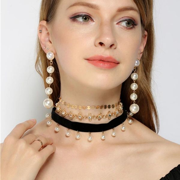 

visisap fashion accessories choker pearl metal flower pendant velvet necklaces set for women wholesale jewelry supplier x0060, Golden;silver