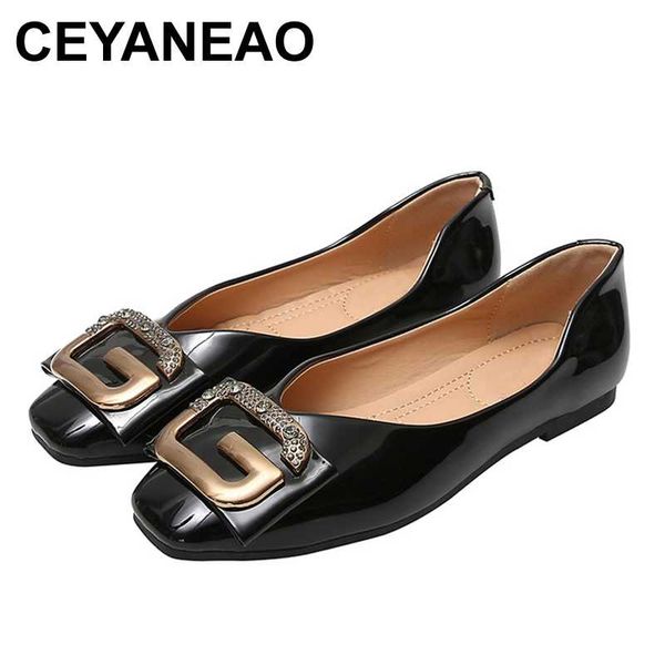 

ceyaneaosquare toe women shoes single flat loafers crystal shoes metal lady slip on shallow flats patent leather footwear zapato, Black