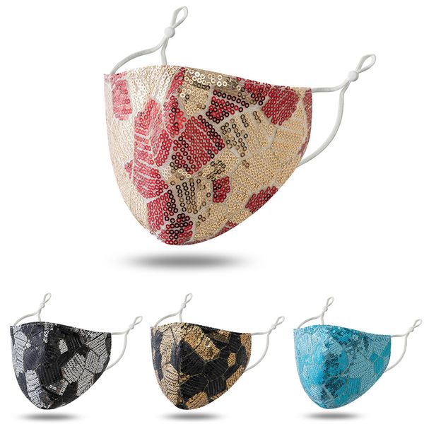 

4 color bling mask sequins fashion face mask dustproof breathable protective cotton mask adjustable reusable masks dhl ing