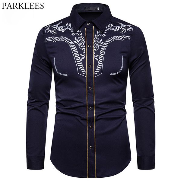 

men's fashion embroidered shirt western cowboy shirt men casual slim long sleeve gold striped chemise camisa masculina xxl, White;black