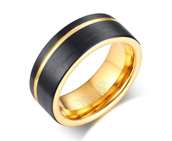 

poya black gold plated tungsten ring 8mm offset thin line wedding engagement band comfort fit, Slivery;golden
