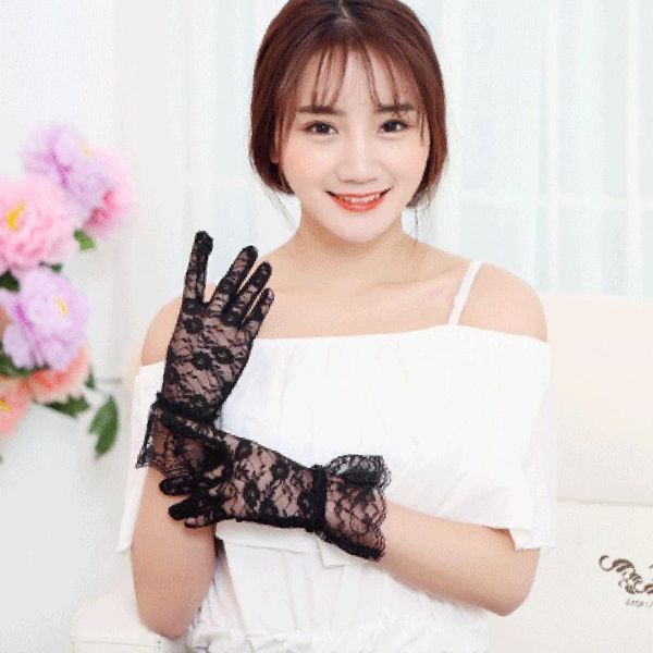 

lady black lace short breathable ride driving sunscreen gloves non-slip uv female bride gloves, Blue;gray