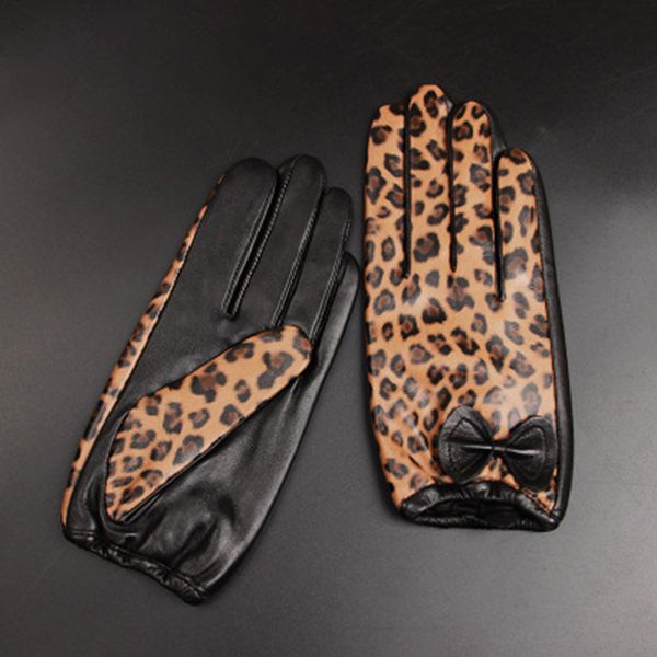 

genuine leather leopard gloves women' winter thicken cycling warm driving gloves bow dotted full hand touch screen h89, Blue;gray