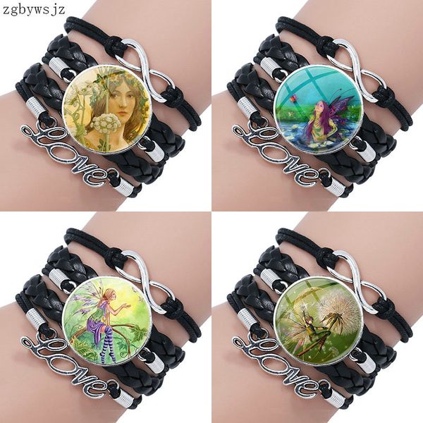 

flower fairy painting art statement handmade glass multilayer black leather bracelet bangle lovely jewelry for girls gift, Golden;silver
