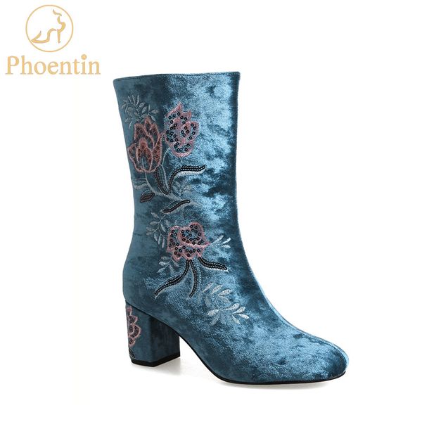 

phoentin blue embroider mid calf boots with zipper flower long & short boots woman velvet fashion women footwear 2020 new ft442, Black