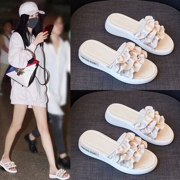 

2020 thick-bottomed one-character sandals and slippers female flounces flowers wear women's shoes outside, Black