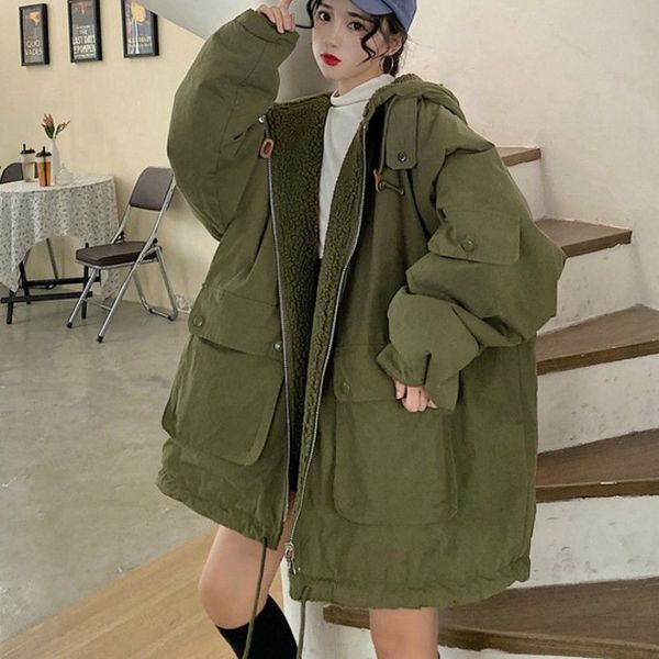 

woman winter causal lamb jacket loose oversize lamb parkas hooded coat, Black