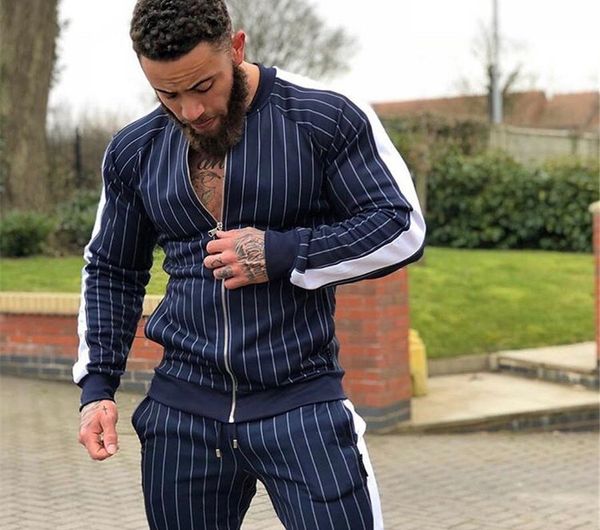 

suits spring autumn striped mens tracksuits long sleeve stand collar cardigan mens two pieces sets casual sports slim male, Gray