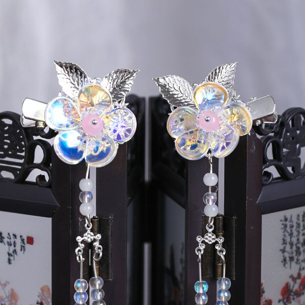 

getnoivas big colorful flower hair clip silver color leaves shape hair grips girl women long tassels pin headpeice sl, Golden;silver