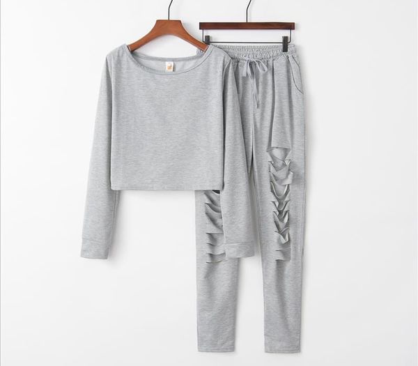 

hole cute 2020 new design fashion suit set women tracksuit two piece style outfit sweatshirt sport wear, Gray