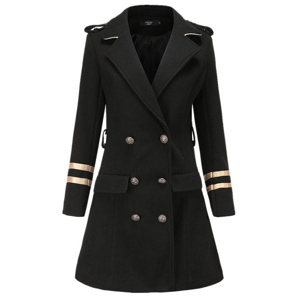 

black double-breasted epaulettes style woolen coat women 2020 autumn winter long section thickening wool blends coat