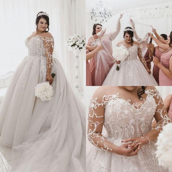 

plus size ball gown wedding dresses sheer long sleeves lace appliqued tulle court train bridal gowns wedding dress vestido de novia, White