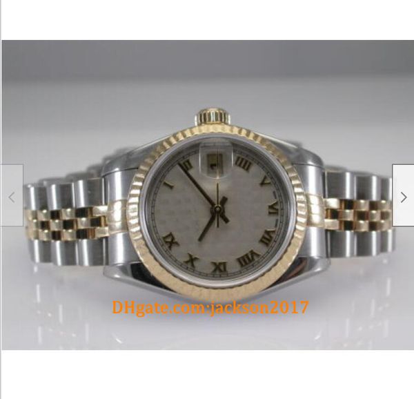 

20 style christmas gift watches 79173 steel and gold ladies automatic watch ivory pyramid dial 26mm, Slivery;brown