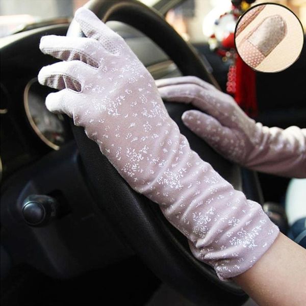 

1 pair women summer cotton thin mid-long gloves slip-proof touch screen sunscreen sleeve driving gloves for female, Blue;gray