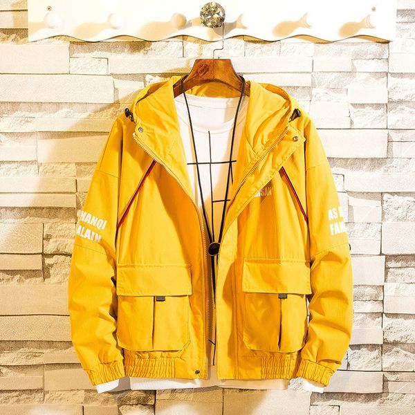 

pop2019 spring pattern man cool time slim korean trend jacket hooded short loose coat male yellow color cool, Black;brown