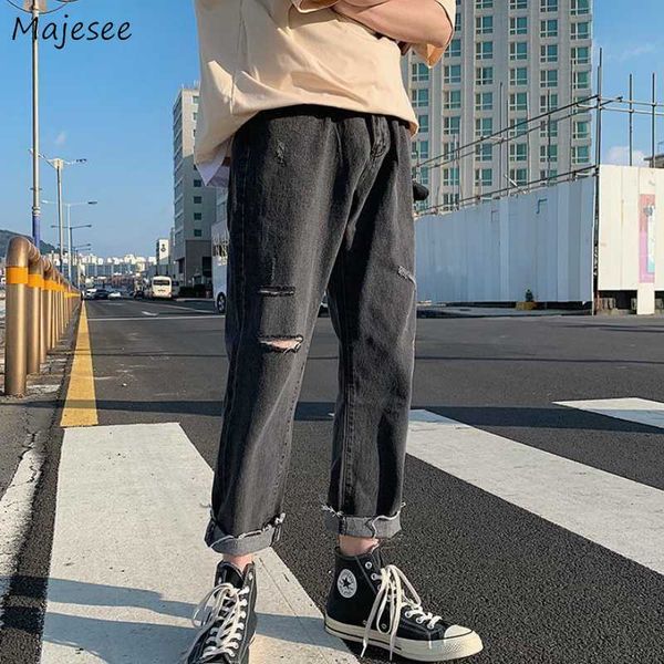 

jeans men holes roll up hem fur-lined chic leisure plus size 3xl loose mens denim trousers korean style streetwear all-match new, Blue