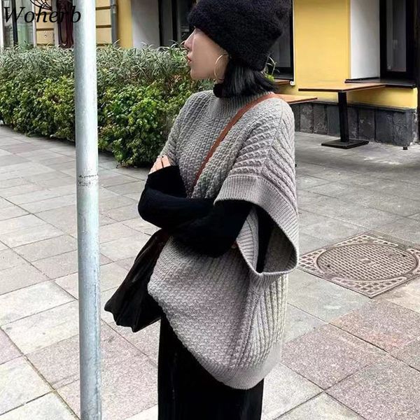 

woherb women 2020 fashion oversized knitted vest sweater v neck sleeveless side vents loose female waistcoat chic, White;black