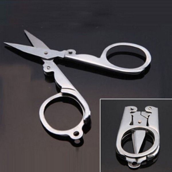 

wholesale diamond portable folding scissors folding foldable scissors collapsible medium trip scissors travel scissor color silver 12 pcs