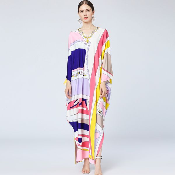 

women's runway dresses v neck long sleeves printed high street fashion split loose designer autumn robes, Black