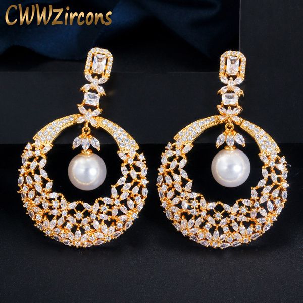 

cwwzircons luxury hollow flower dangling pearl dubai 18k gold plated cubic zirconia long wedding earrings for brides party cz630, Silver
