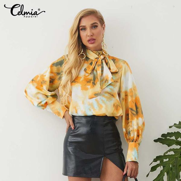 

fashion celmia women elegant bow tie satin blouse autumn office shirts high neck lantern sleeve tie-dye printed tunic 7, White