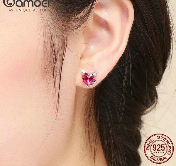

wholesale fashion 925 sterling silver angel and devil pink cz heart stud earrings for women sterling silver jewelry 2018002, Golden;silver
