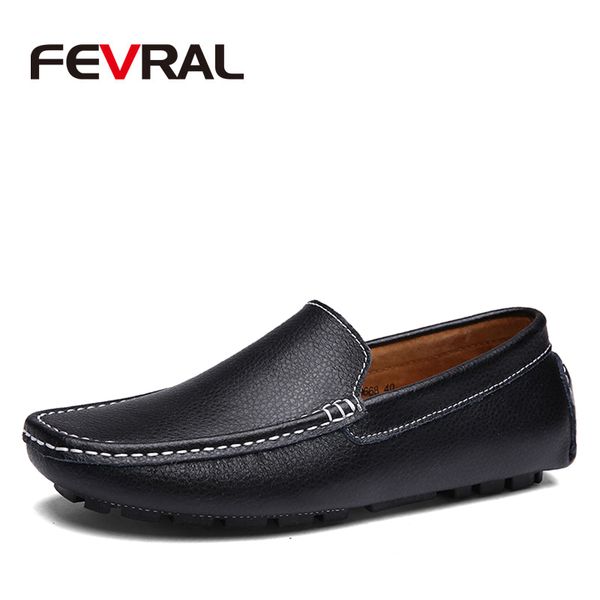

fevral real leather loafers shoes slip on men casual shoes spring summer new 2020 breathable fashion soft flat driving men, Black