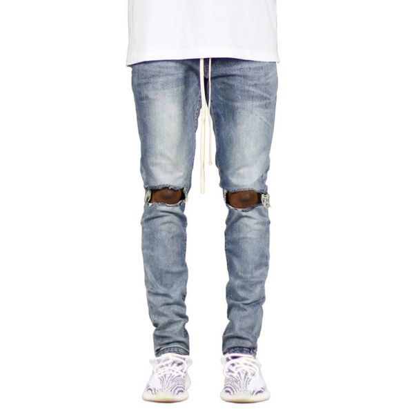 

men's jeans high street skinny men hole zipper full length drawstring denim ripped pencil pants wild, Blue
