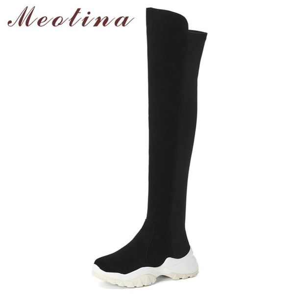 

meotina winter over the knee boots women cow suede flat platform thigh high boots slim stretch shoes ladies fall size 34-39, Black