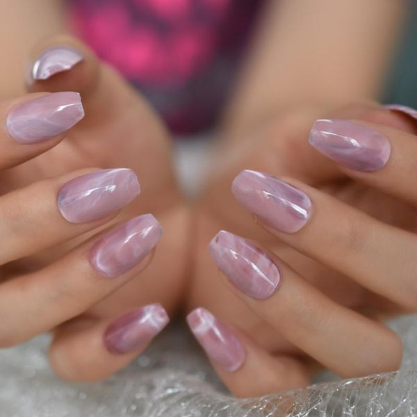 

echiq pink pre-designed fake nails medium size marble coffin press on nails stone pattern tips, Red;gold