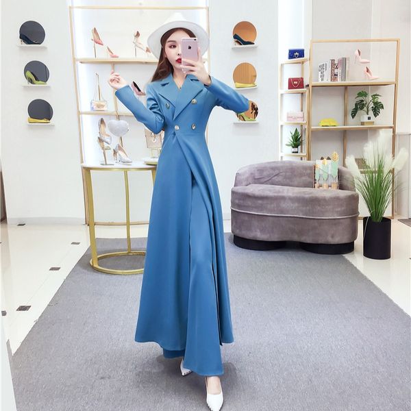 

women dressises 2020 autumn new style elegant goddess fan ageing two-piece suit long windbreaker jacket high waist pendant wide leg pants, Tan;black