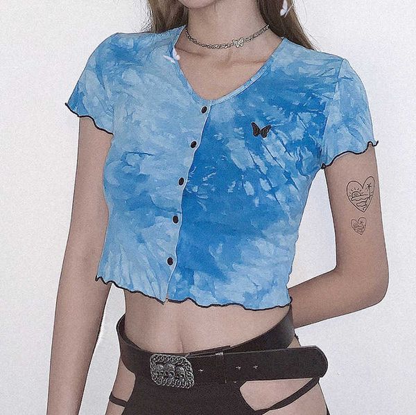 

european and american women's 2020 summer new products tie-dye embroidered wooden ear cardigan cropped t-shirt, White