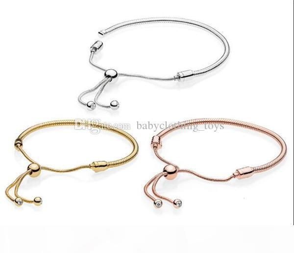 

shine moments adjustable sliding clasp charm bracelet real s925 sterling silver bracelets fit for designer diy beads charms with pop up box, Golden;silver