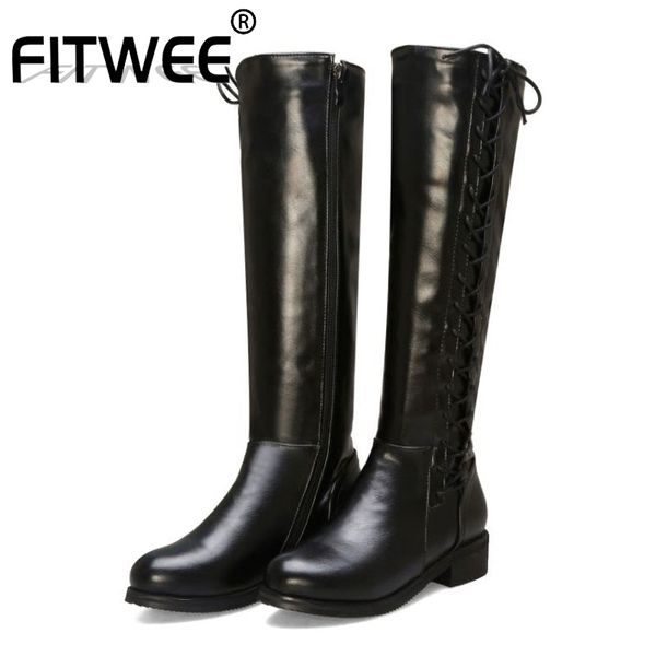 

fitwee size 32-48 women cross strap flats winter boots round toe straight boots office lady fashion zipper shoes woman footwear, Black