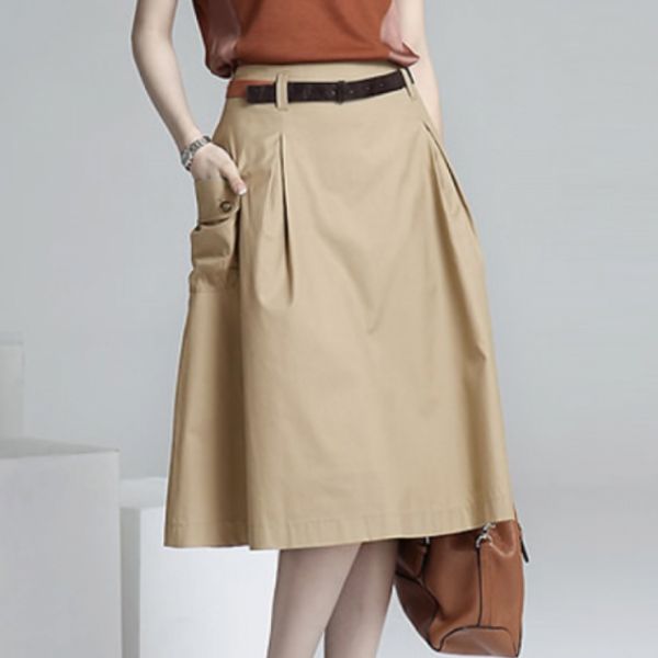 

new summer casual a-line pockets skirt khaki and black solid midi princess button women skirts wholesale aq688