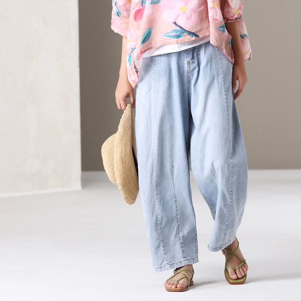 

micoco n8276 korean version do old loose straight leg wide leg versatile languid thin nine point jeans, Blue