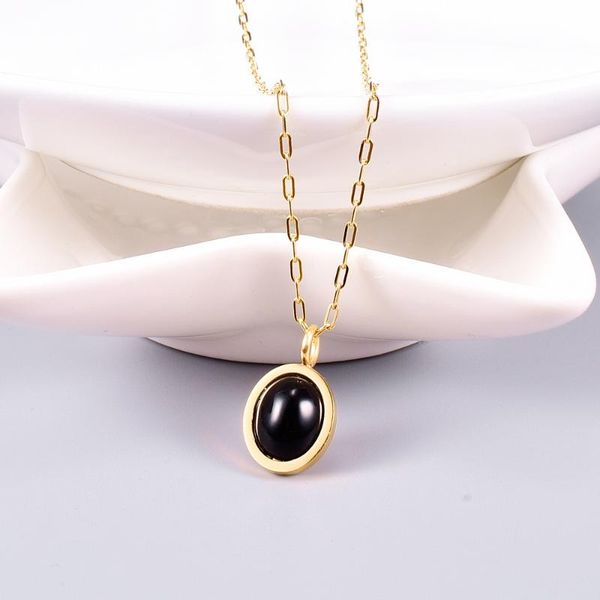 

hongcheng jewellery black onyx luster white opal oval vintage pendant necklace titanium steel trendy clavicle chain hc220, Silver