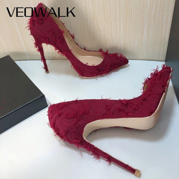 

veowalk burgundy women distressed tassels fabric stilettos high heels pointy toe pumps chic ladies comfortable dress shoes, Black