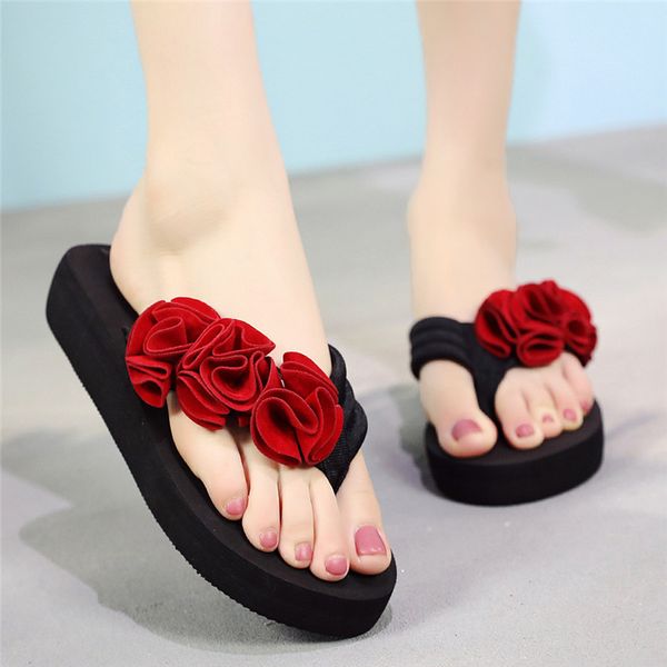 

2020 new women slipper summer platform fashion women's flower clip toe flip flops non-slip wedges beach slippers chanclas mujer, Black