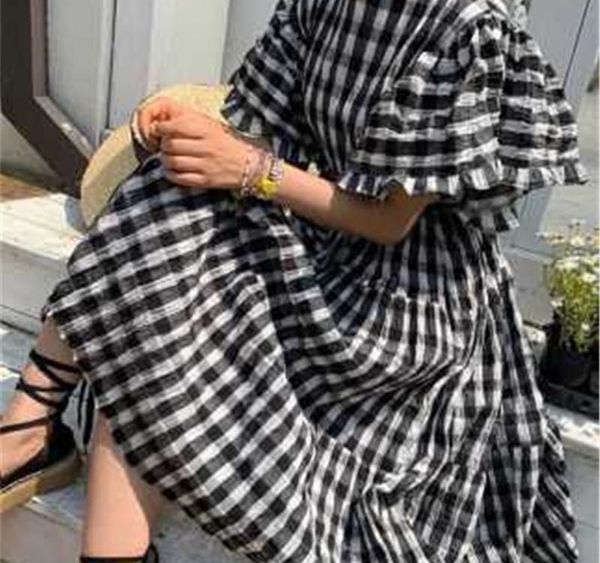 

plaid midi long dress for women summer 2020 sweet o-neck short sleeve dresses with sashes casual cute dress fashion002, Black;gray