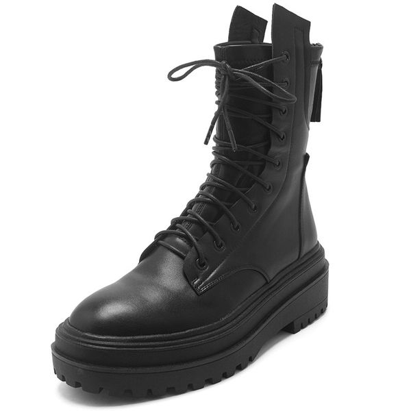 

2021 new genuine leather women's ankle motorcycle boots zipper + cross-tied chunky high heels winter women boots shoes woman, Black